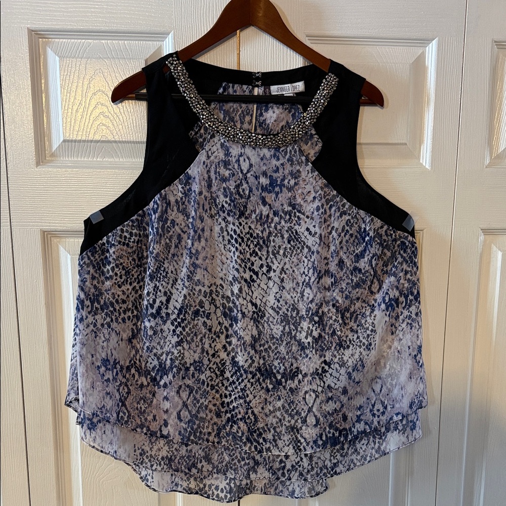 Jennifer Lopez Sleeveless Snake Print Blouse - Black and Gray